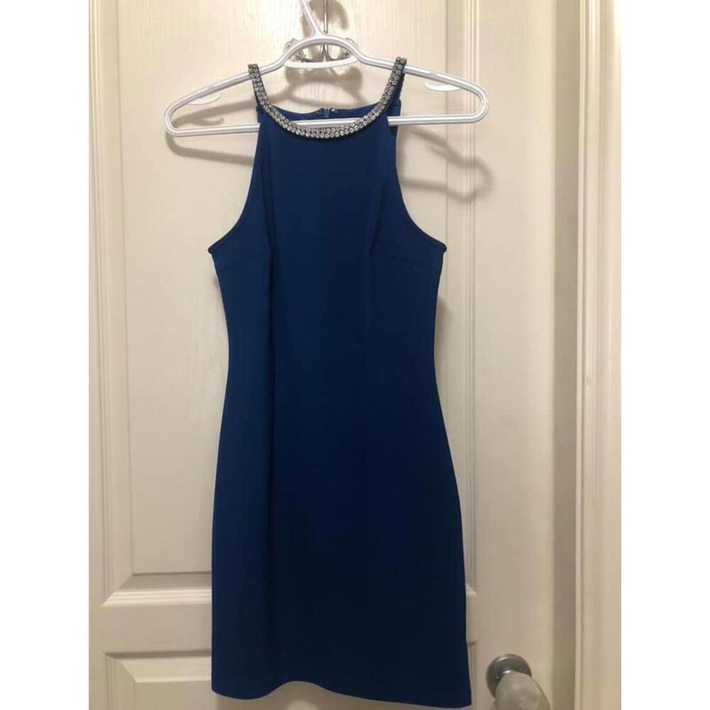 Excellent used condition Navy blue rhinestone neckline dress, size small